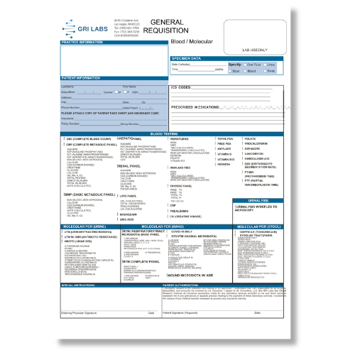 GRI general requisition form for blood and molecular testing