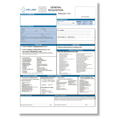 GRI general requisition form for molecular and toxicology testing